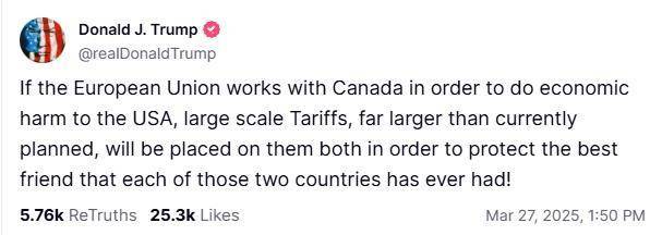 特朗普：若欧盟和加拿大联手对抗 将大规模征收关税