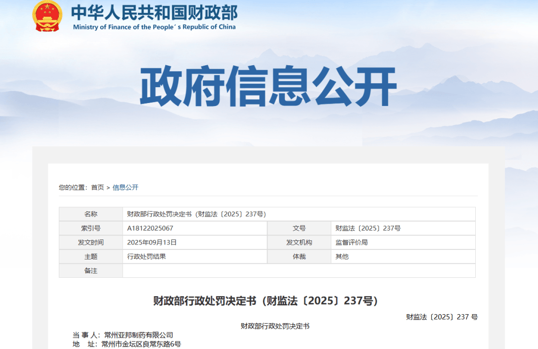 财政部出手！常州亚邦制药虚增6556万元收入，被罚8万元